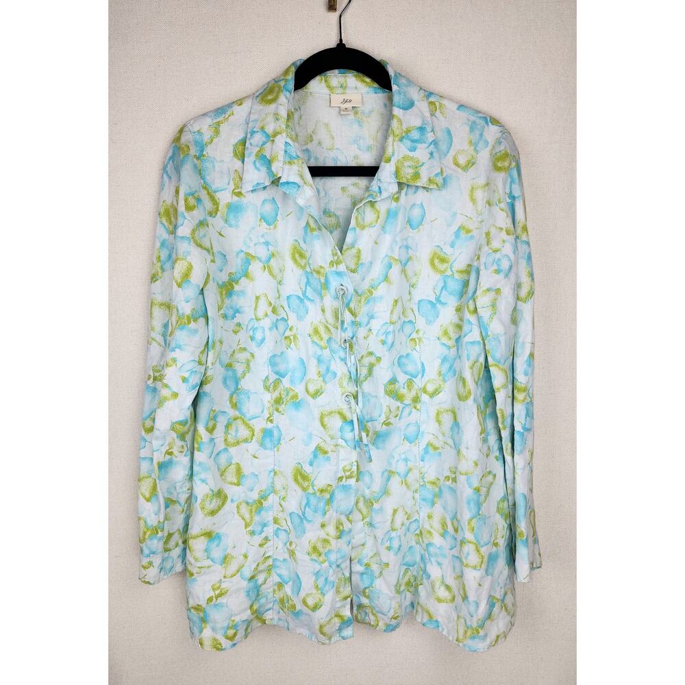 J Jill Top Women M 100% Linen tassel watercolor leaf peasant floral spring fairy - Picture 2 of 15
